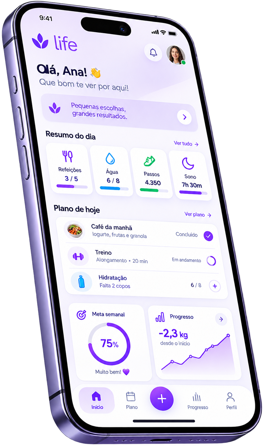 Aplicativo Life mostrando resumo do dia, refeições e progresso